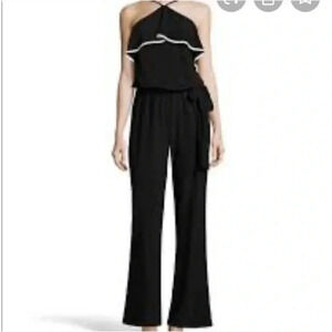 Black and white ruffle tie waist Nicole Miller Halter Jumpsuit